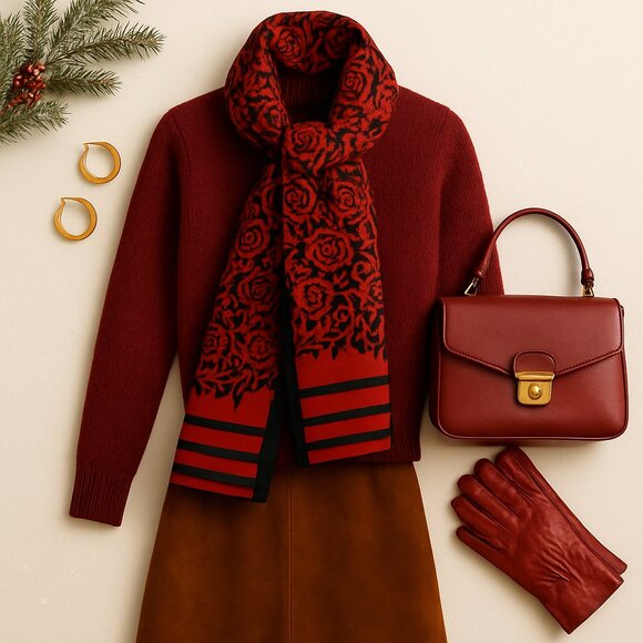 Red & Black Floral Print Scarf – Elegant Boutique Style - Picture 2 of 9